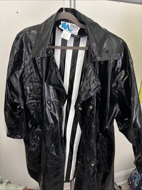 Wet-look Black Trench Coat with Striped Lining